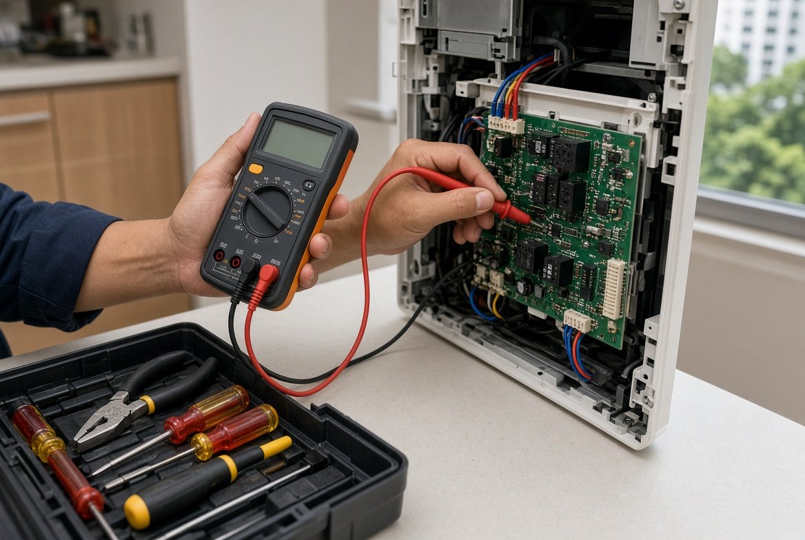 Technician using a multimeter on an appliance